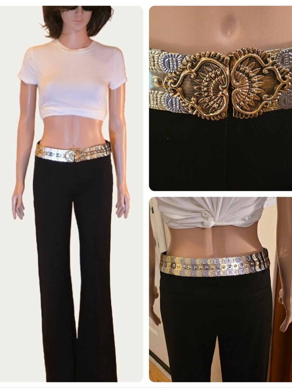 Vintage Ornate Mixed Metal Elastic Stretch Belt - Gold & Silver Filigree